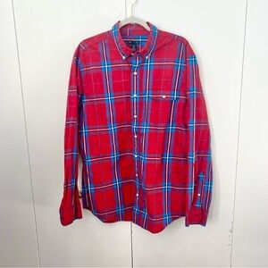 Gap Men’s Slim Fit Red and Blue Plaid Shirt XL